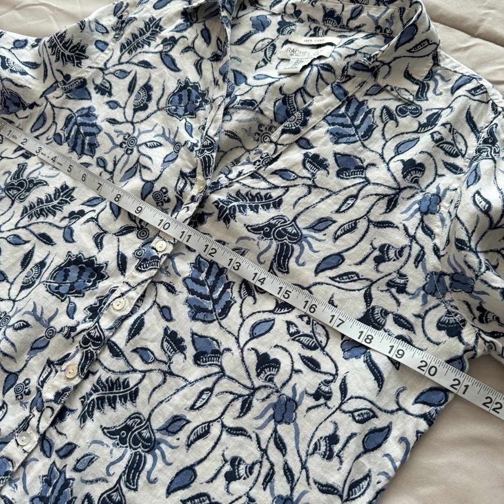 Linen Floral Shirt Coastal Chic Boho Resort Blouse Blue White Euro Summer Top - Picture 7 of 11